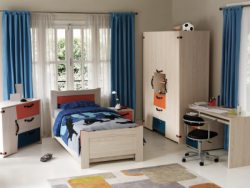Kid's bedroom with a neutral paint color used and tastefully decorated.