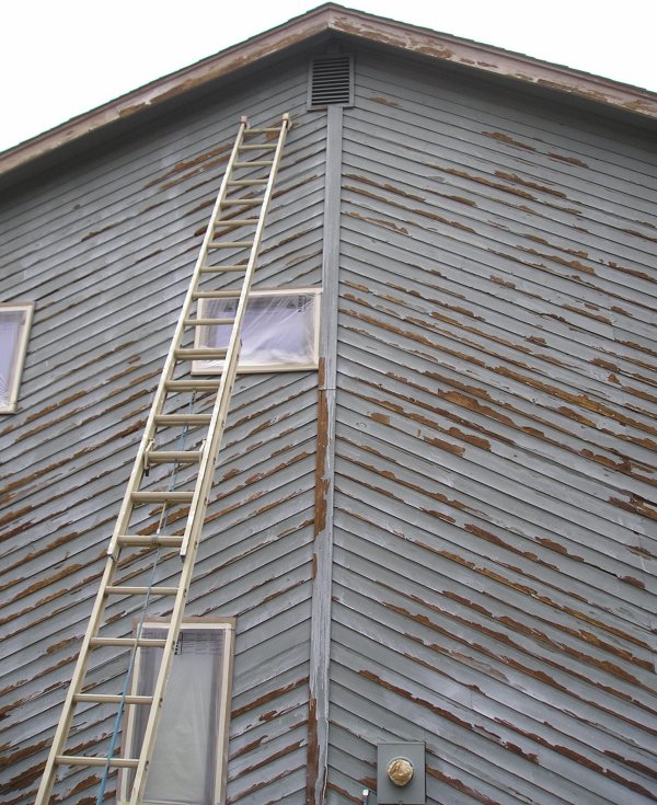 Cedar lap siding with peeling paint.