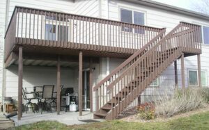 A wood deck sanded and stained with a semi-solid deck stain.