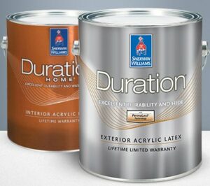 Cans of Sherwin Williams interior and exterior house paint.