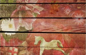 Wooden fence mural painted with flowers and a horse.