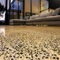 A decoratively painted and sealed concrete floor.