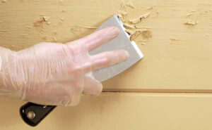 Paint scraper being used to remove loose paint from wood siding.