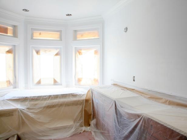 A room fully covered and prepared for painting.