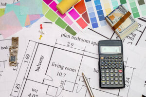 Planning of construction of the house with color pallete, keys, dollar, calculatorPlanning of construction of the house with color pallete, keys, dollar, calculator